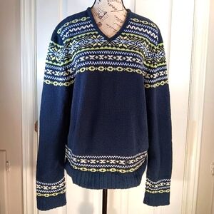 NWOT Denver Hayes Navy Fair Isle Sweater V-Neck Yellow White Print Plus Sz 2XL